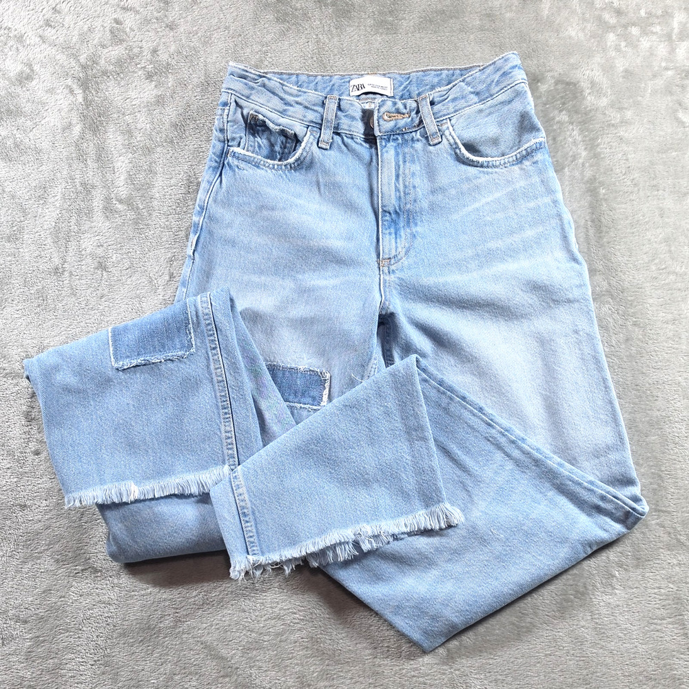 Zara Jeans Womens 0 Patchwork Mid Rise Wide Leg Raw Hem Light Blue